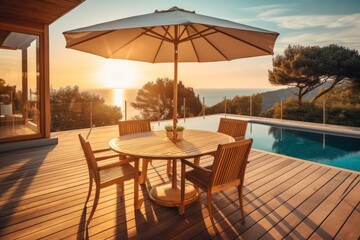 Fototapeta premium table under a parasol from the sun on the pool terrace on a sunny day. Generative AI 