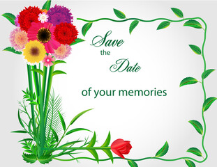 Realistic flowers greeting card background design vector with climbing root frame full of green leaves