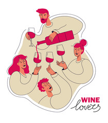 Wine lovers company with wineglasses. Men and women drinking the wine. Friendly party