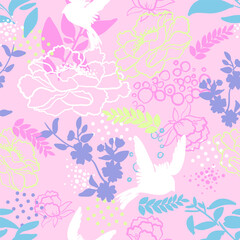 Obraz na płótnie Canvas Vector seamless pattern for girls with birds, butterfly and flowers. Stylish graphic design. Fashion Girlish print.