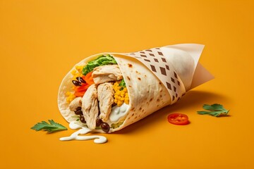 A wrap filled with meat and vegetables on a yellow background created with Generative AI