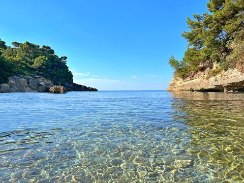  Sea pebble beach on rocky coast in summer..  