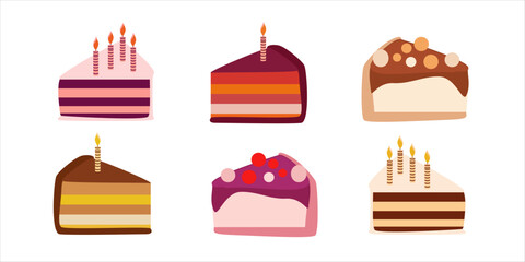 Set of 6 cake pieces. Vector flat illustration. Cartoon colorful cupcakes. Collection of desserts with candles. For birthday cards, invitations, greeting cards. Birthday party icons.