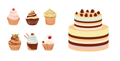 Cupcakes and cake vector set. Holiday cooking icons in a flat style for anniversaries, weddings, birthdays, parties. Sweet desserts: muffins, cupcake and cake with cream and décor.