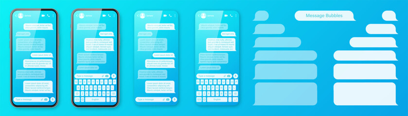 Obraz premium Realistic smartphone with messaging app on colorful blue background. Blank SMS text frame. Chat screen with transparent message bubbles. Social media application. Vector illustration