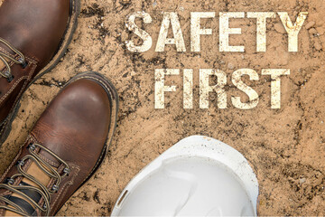 Top View of Boot on the trail with the text- Safety First, Safety concept