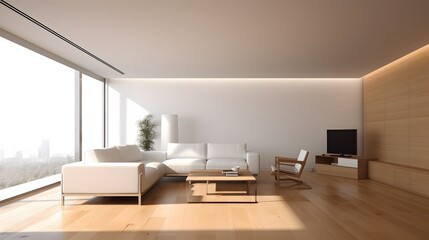 Fototapeta premium Empty living room mockup, interior design modern style, with sofa, wooden furniture, wooden floor and white wall. Created with Generative AI