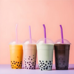 Set of tall drinking glasses with straws with Taiwanese bubble or boba tea from vegan milk and agava sypur with different flavors isolated on a trendy colorful background. Generative AI