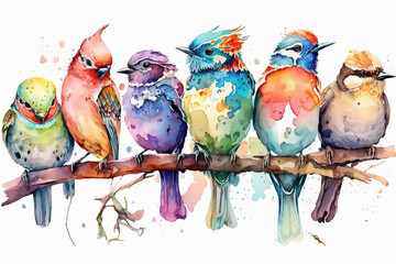 Generative AI. Set of cute funny birds. Watercolor illustration on white background
