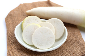 Sliced Japanese daikon. Fresh vegetables