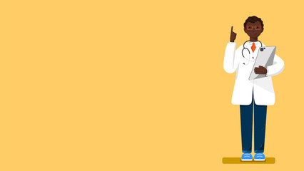 Doctor african cartoon character in full length holding a clipboard. Clip-art isolated on yellow background. Professional advice. medical concept