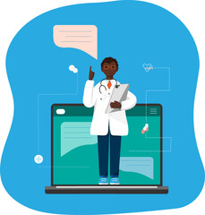 Doctor african cartoon character in full length holding a clipboard. Professional advice. medical concept
