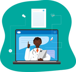 Doctor african cartoon character holding a tablet. Professional advice. medical concept