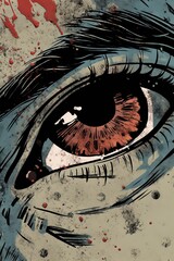 Close up of a red eye. Grunge background. angry expression closeup