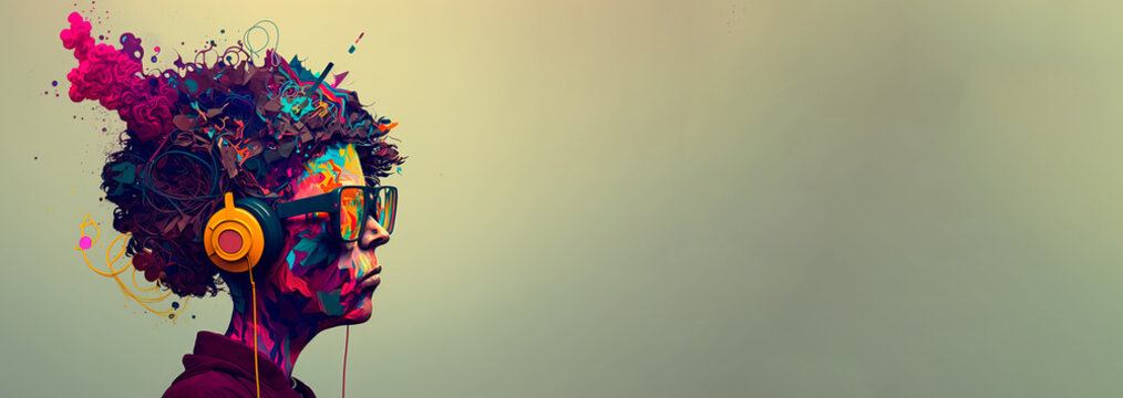Hipster style banner. Bright portrait of person in glasses and headphones, copy space. Generative AI