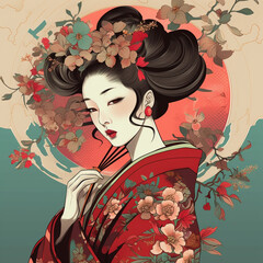 Illustration of a Japanese women in Traditional Clothing