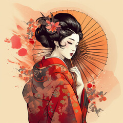 Illustration of a Japanese women in Traditional Clothing