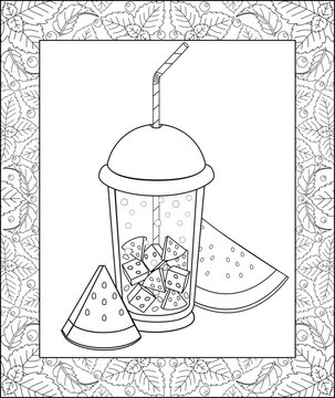 A glass of watermelon soda and pieces of watermelon next to it - a vector linear picture in a frame for coloring. Outline. Disposable glass with lid and drinking straw. Summer cocktail for coloring