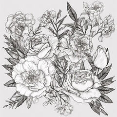 花のイラストの塗り絵。 白い背景に分離された黒の葉や花を描いた植物のライン　Generative AI 