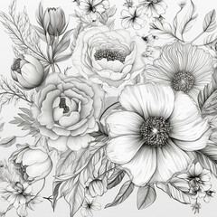 花のイラストの塗り絵。 白い背景に分離された黒の葉や花を描いた植物のライン　Generative AI 