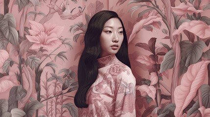 Portrait of a fictional asian woman model in a traditional pink dress posing on a flower background. Generative AI illustration.