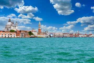 Fototapeta na wymiar View of Venice, Grand Canal, Basilica Santa Maria della Salute, Doge's Palace (Palazzo Ducale) in Venice, Italy. Architecture and landmarks of Venice.