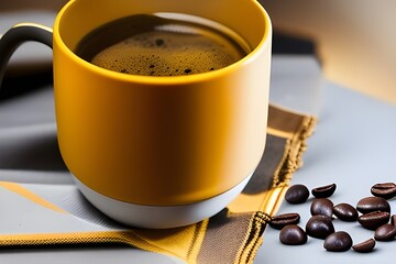 Tasse de café jaune et grains