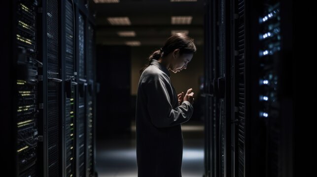 The Holy Data Center: IT staff praying for reliable systems and connections, generative ai