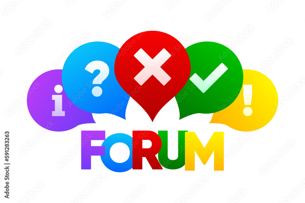 Poster forum colorful speech bubbles. talk chat. internet or web chat, social networks and interaction, onl