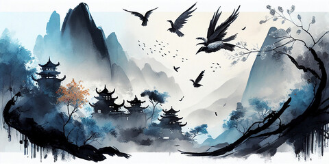 illustration of birds flying high over a countryside Generative AI
