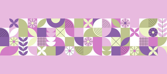 Abstract floral background, banner or greeting card in pastel colors. Seamless pattern with geometric shapes, flowers and leaves.