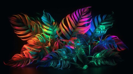 Dark green tropical leaves colorful neon light, backlight, leaves composition, plant background, manstera, palm leaves. Generative ai