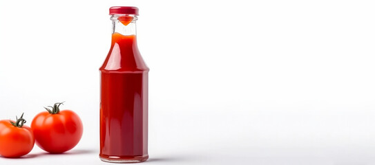 Tomato juice in a glass bottle on a white background with copy space