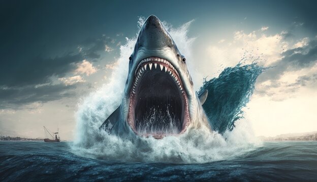 Shark with big teeth and open mouth attacks surfers created with generative AI technology