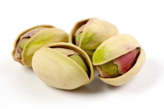 Macro of pistachio nuts isolated on pure white background. Generative AI