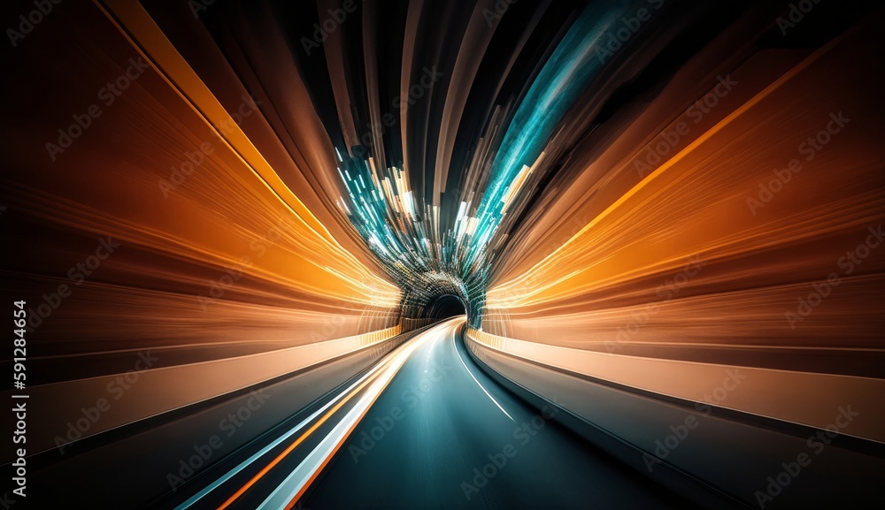 Poster long exposure dynamic speed light trails in a tunnel. generative ai
