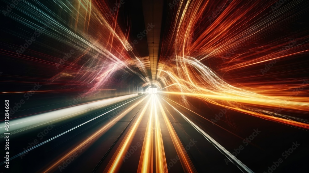 Poster long exposure dynamic speed light trails in a tunnel. generative ai