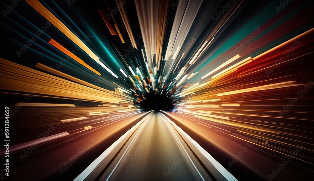 Poster Long exposure dynamic speed light trails in a tunnel. Generative ai
