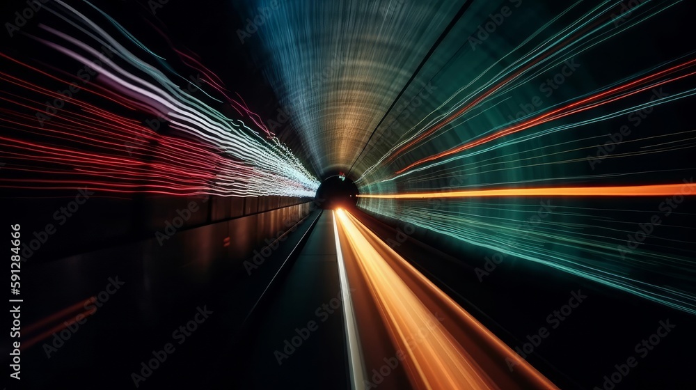 Aufkleber Long exposure dynamic speed light trails in a tunnel. Generative ai
