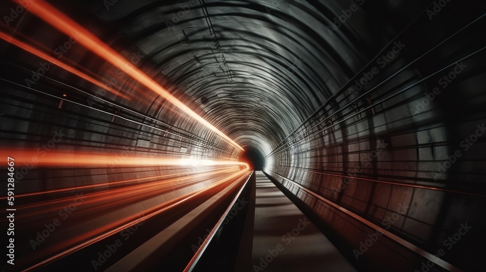 Poster long exposure dynamic speed light trails in a tunnel. generative ai