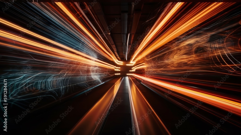 Poster Long exposure dynamic speed light trails in a tunnel. Generative ai