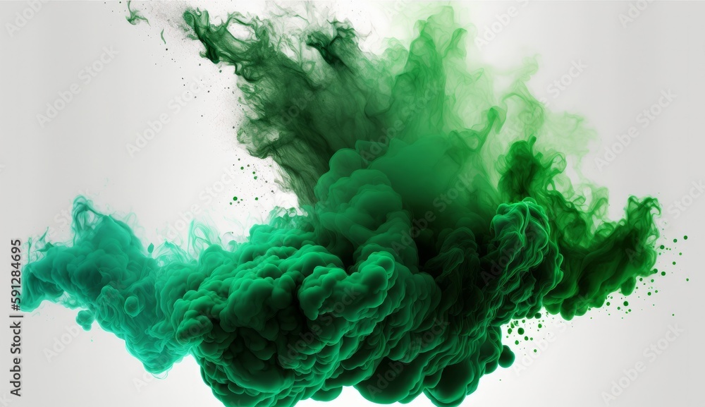 Poster green smoke bomb exploding against white background generative ai