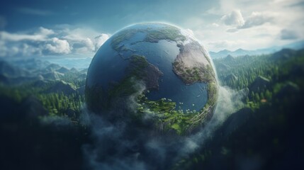 Green Oasis. Stylized earth globe with a green forest background. The concept of the earth as an oasis in space and the importance of preserving its natural resources. Generative ai