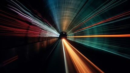 Long exposure dynamic speed light trails in a tunnel. Generative ai