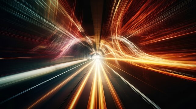 Long exposure dynamic speed light trails in a tunnel. Generative ai