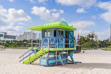 Fototapeta na wymiar Miami Beach, USA - December 4, 2022. View of classic art deco lifeguard tower in South Miami Beach