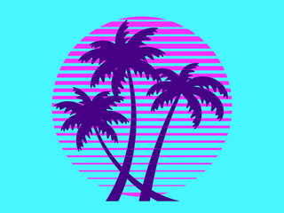 Fototapeta na wymiar Sunset with palm trees in 80s style. Summer party. Retro futuristic sun with outline palm trees in synthwave style. Design for printing advertising brochures, banners and posters. Vector illustration