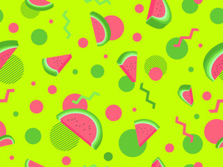 Watermelon seamless pattern with geometric shapes. Isometric 3d slices of watermelon with seeds on a green background. Design for posters, wallpaper, print promotional items. Vector illustration