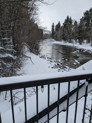 Silverthorne Colorado, in winter with snow, near the river.