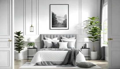 bedroom interior with empty square frame for print or poster mockup, modern gray white bedroom interior for house advertising and background Generative AI